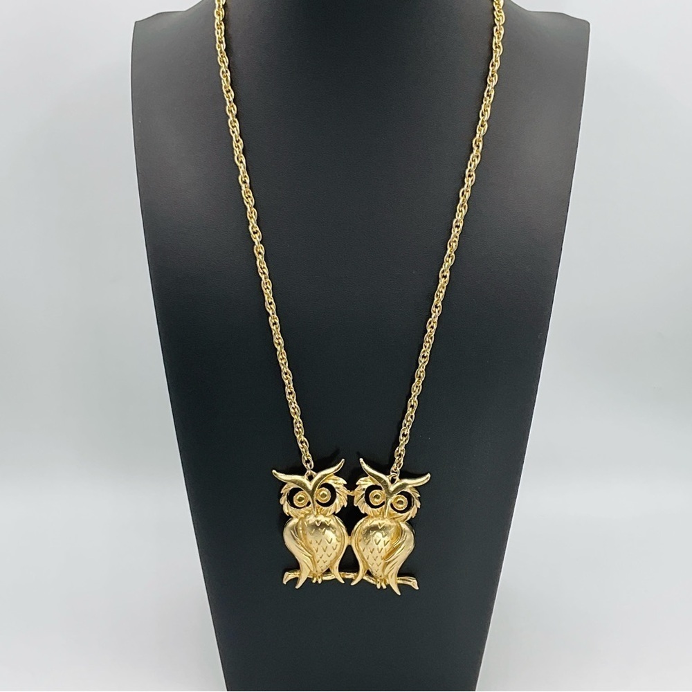 Horned Owl Necklace Pendant Gold Tone Metal Statement Long Chain Animal Jewelry